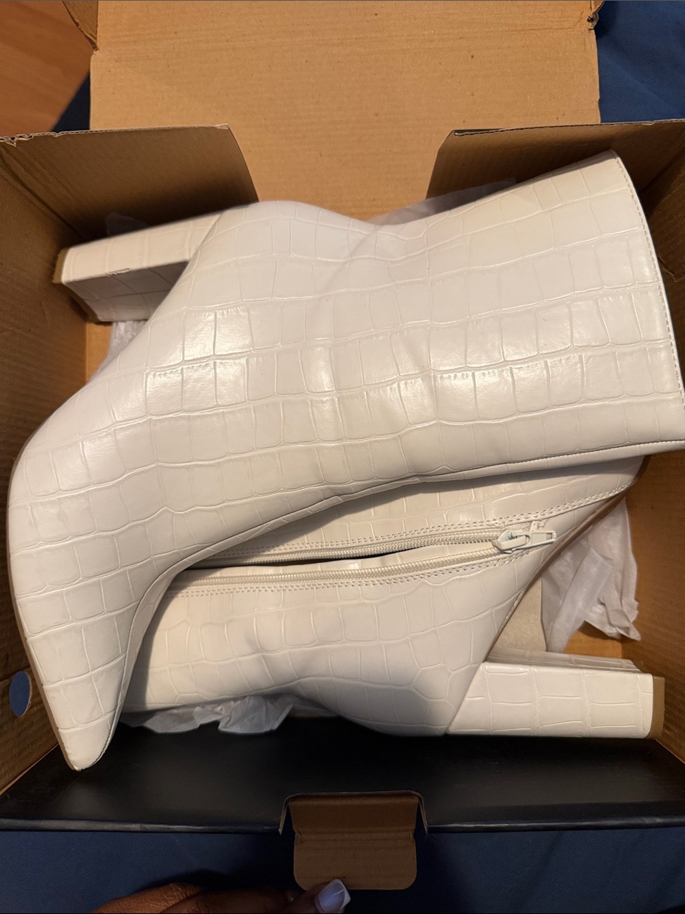 Fashion Nova White Croc-Embossed Pointed Ankle Boots